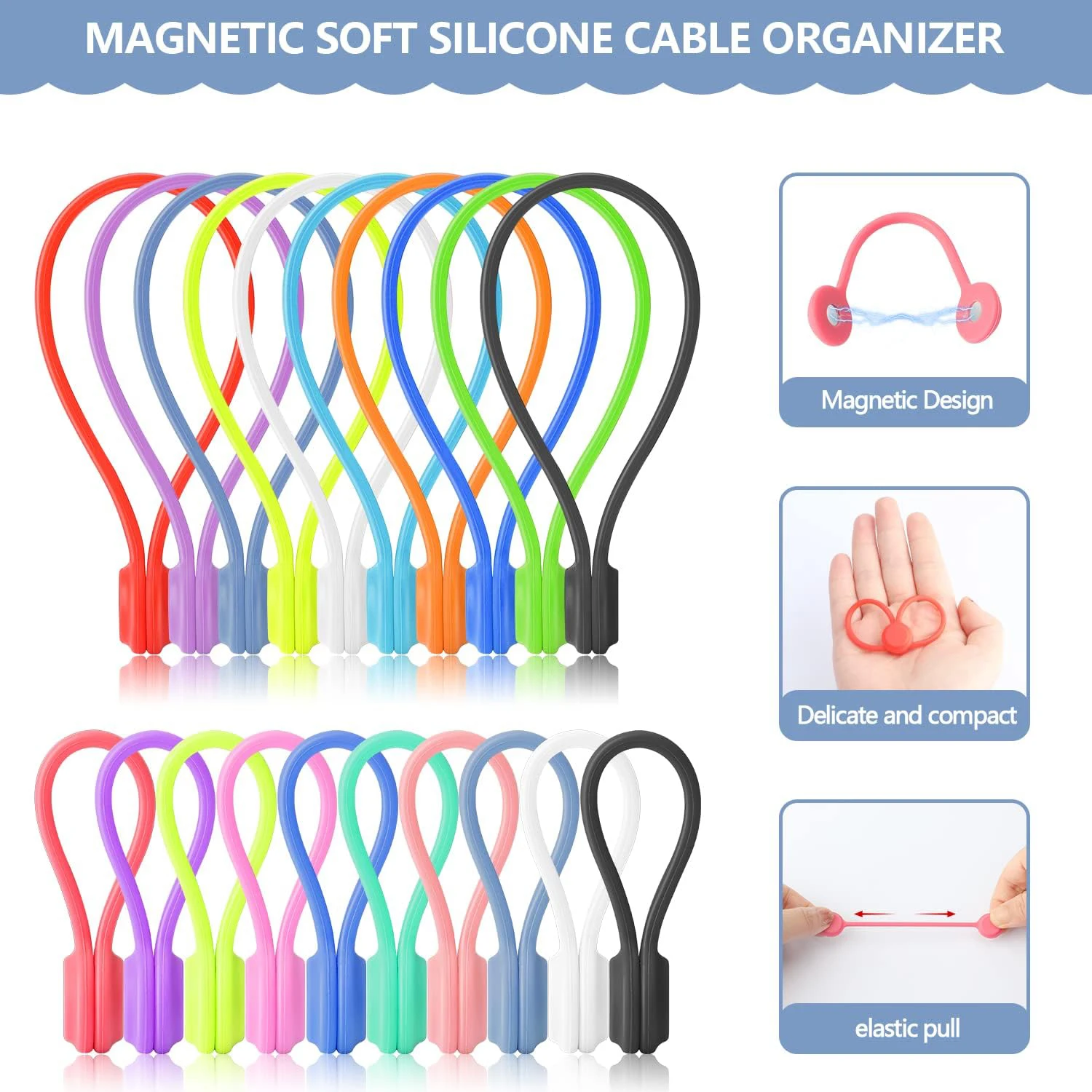 Upgraded Magnetic Cable Ties Silicone Cable Management Ties Magnet Twist Ties Reusable Cord Clips for Bundling, Organizing