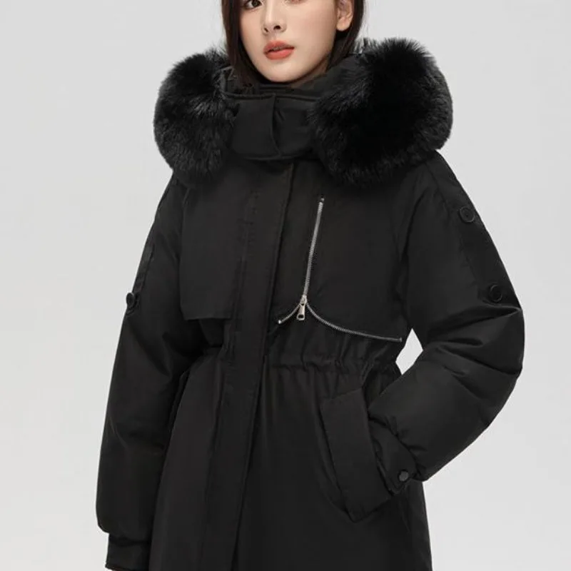 New Women's Down Cotton Coat, Long Winter Cold Warm Padded Jackets, Female Korean Loose Hooded Fur Collar Parker Cotton Clothes