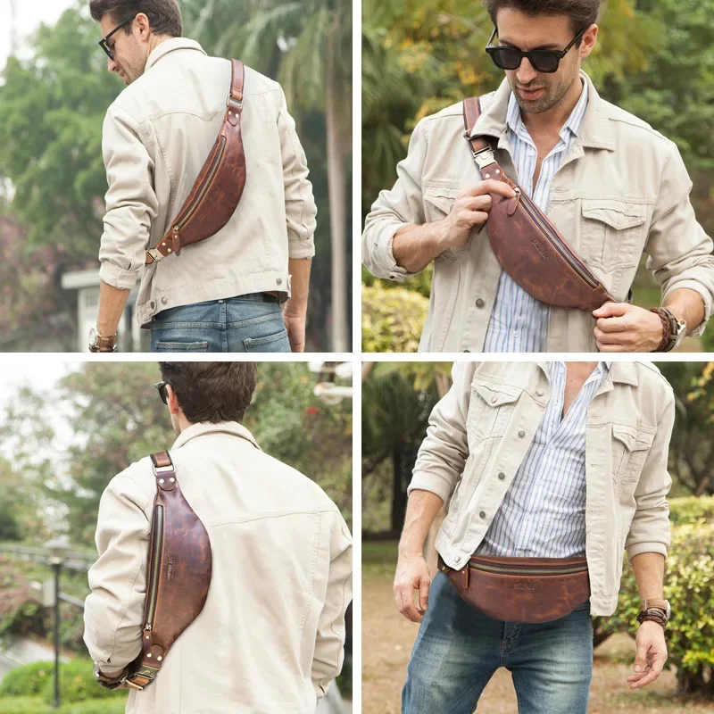 Riñonera Vintage de cuero genuino para hombre, cinturón de cuero de vaca para el pecho, bolso de hombro informal para hombre, bolso cruzado de lujo