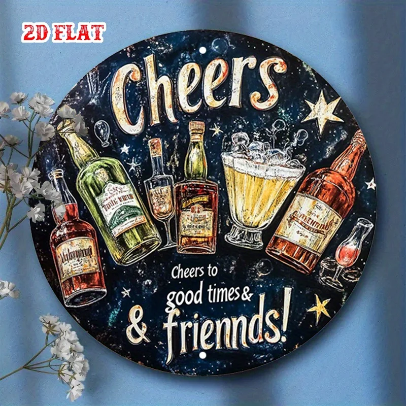 Metallschild „Cheers“ im Vintage-Stil, 7,8 Zoll, runde Wanddekoration für Freunde