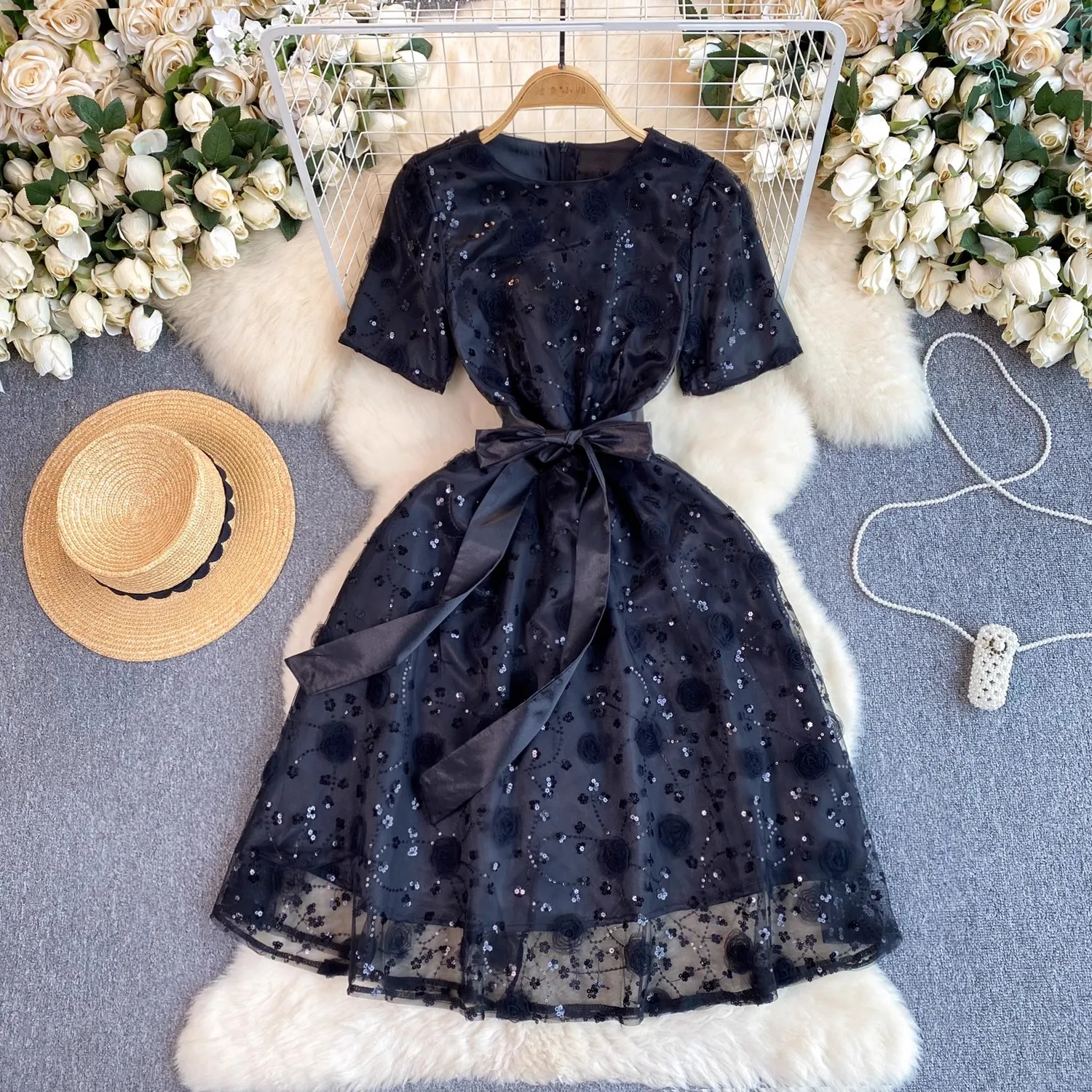 

bing sequin embroidery black mesh dress women summer runway design evening party dress bodycon O-neck elegant vestido
