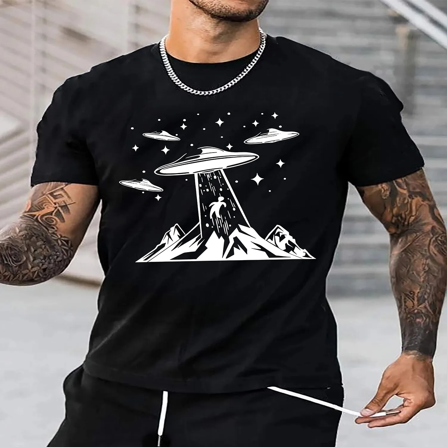 UFO Releasing Aliens Print Tee Shirt, Tee For Men, Casual Short Sleeve T-shirt For Summer Spring Fall, Tops As Gifts Short Sleeve T Shirt, Birthday Gift Tee