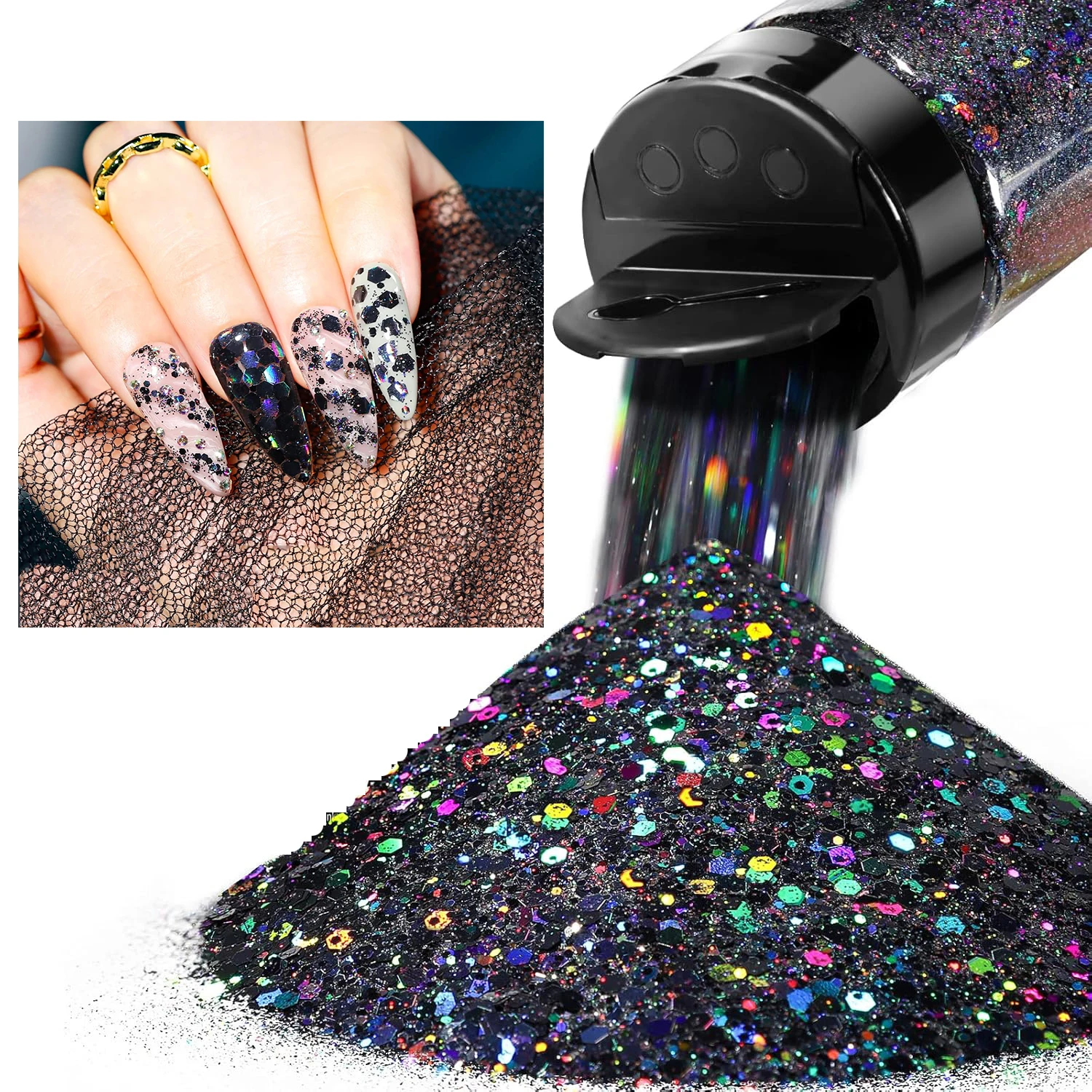 1,76 Unzen 50 g holografisches, klobiges Glitzer-Bastel-Glitzerpulver, gemischte, klobige, feine, schillernde Nagel-Pailletten für Nägel, Festival-Dekoration