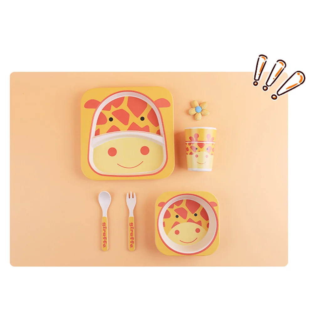 

5Pcs Cartoon Cutlery Set Bamboo Fiber Safe Feeding Plate Bowl Tumbler Dinnerware Cutlery Set
