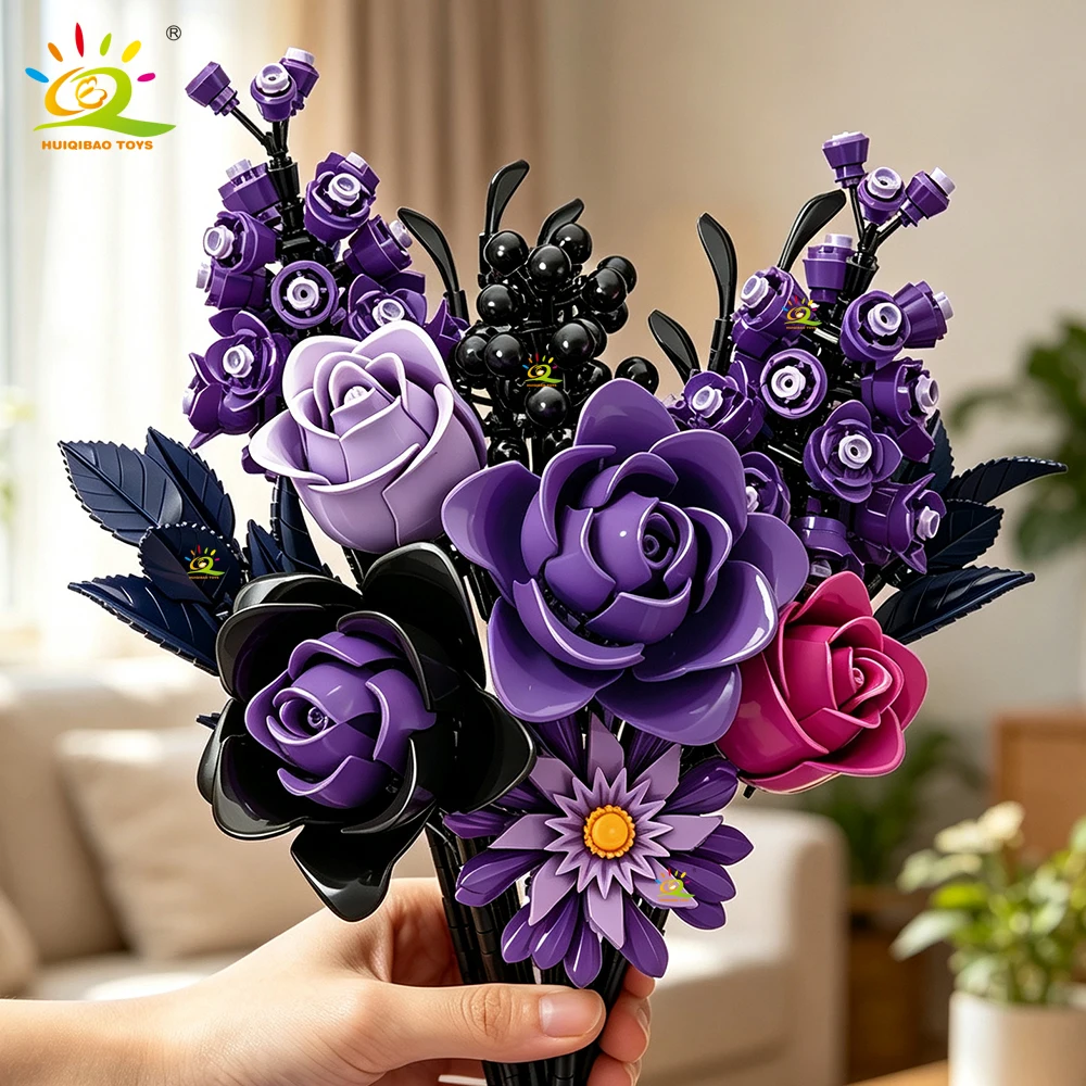 huiqibao-822-個ハロウィン紫の花セット花束ビルディングブロックキット-diy-永遠の花ロマンチックなレンガのおもちゃ大人のギフト