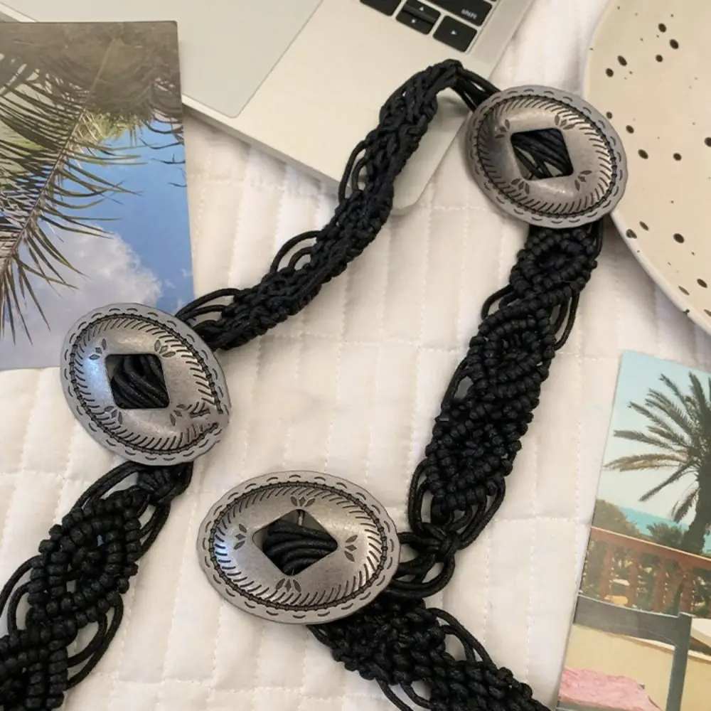 حزام خصر بسيط على الطراز العرقي منسوج حزام منسوج على الطراز البوهيمي المجوف حزام خصر عتيق حبل شرابة سلسلة خصر للشاطئ #1