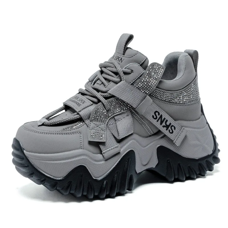 8CM Women's Thick Bottom Bling Dad Shoes 2026 Autumn Winter Genuine Leather Chunky Sneakers Anti-Slip Sole Casual Sports Shoes