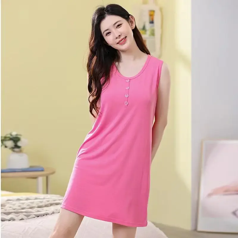 Modal Nightdress Sleeveless Round Neck Simple Summer I-shaped Thin MIDI Style Loose Extra Large Refreshing Suspenders Nightdress