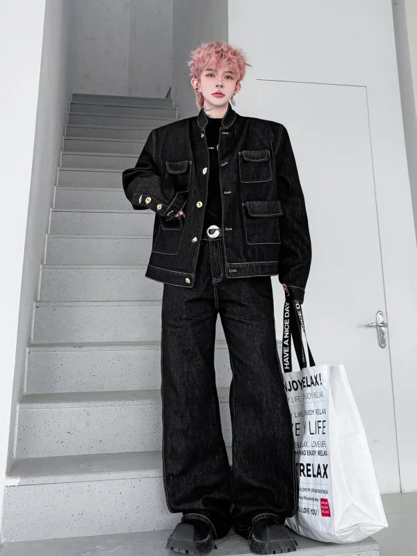 

Retro Denim Jacket with Multiple Pockets And Gold Buttons Wide Leg Pants Stand Collar Men's Fashion Set Spring 2026
