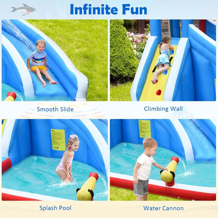Opblaasbare waterglijbaan, opblaasbaar springhuis met haaienthema met lange glijbaan, draagtas, groot splashzwembad, klimmuur, water Gu