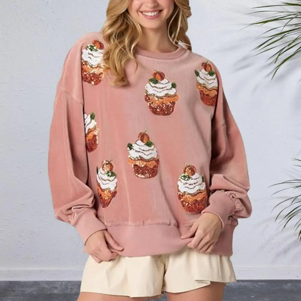 Fall Spring Women Sweatshirt Sequin Cupcake Pattern O Neck Loose Sweatshirt Christmas Theme New Year Party Daily Top