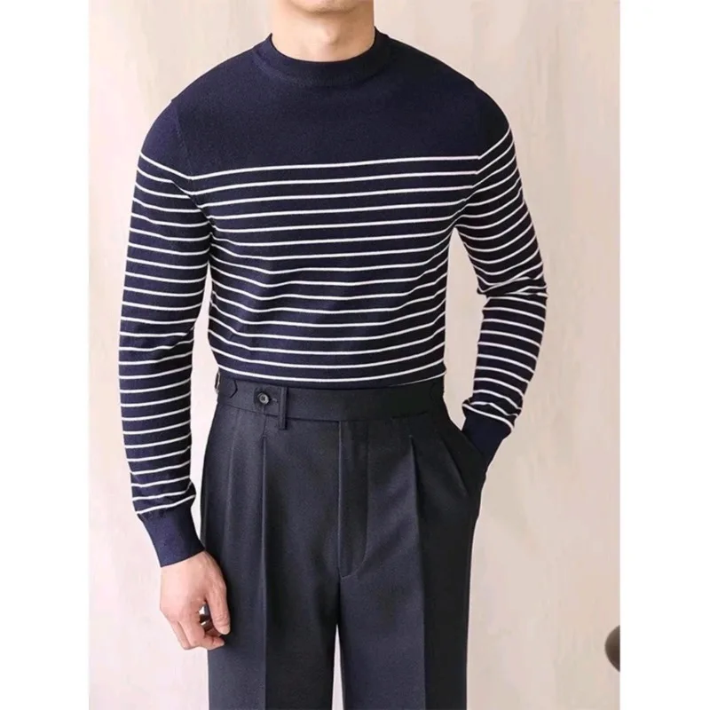 

НОВЫЙ осенне-зимний полосатый пуловер, мужской повседневный вязаный свитер, мужской модный хлопковый пуловер с круглым вырезом, большой размер, свитер Me