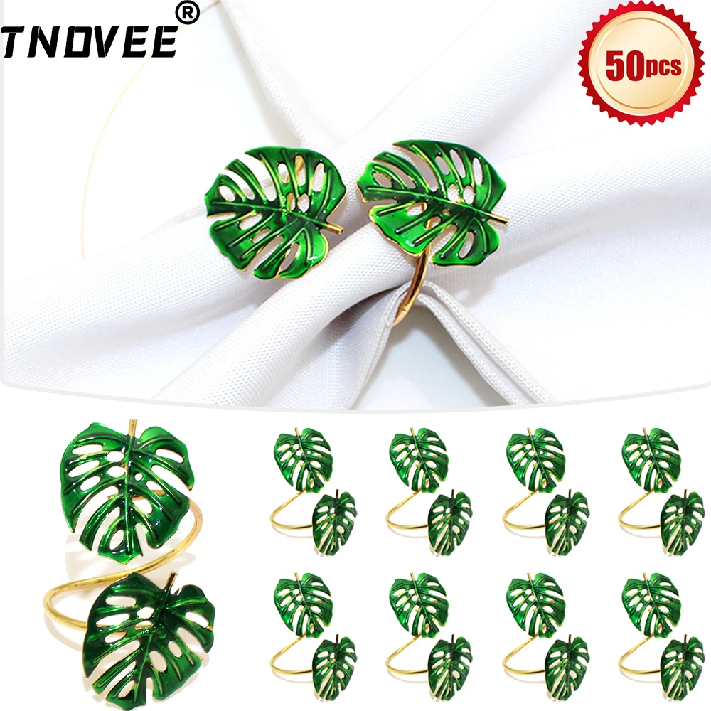 50Pcs Tropical Napkin Rings Metal Palm Leaves Napkin Holder for Christmas Wedding Birthday Home Party Dinner Table Decor (Green)