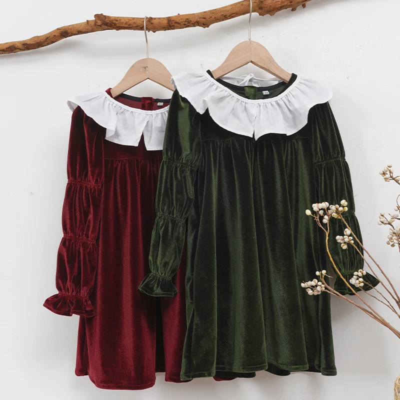 فستان ريترو كريسماس أحمر خريفي مخملي للفتيات بلون سادة مع وشاح أبيض مكشكش وأكمام طويلة فساتين حفلات فضفاضة #1