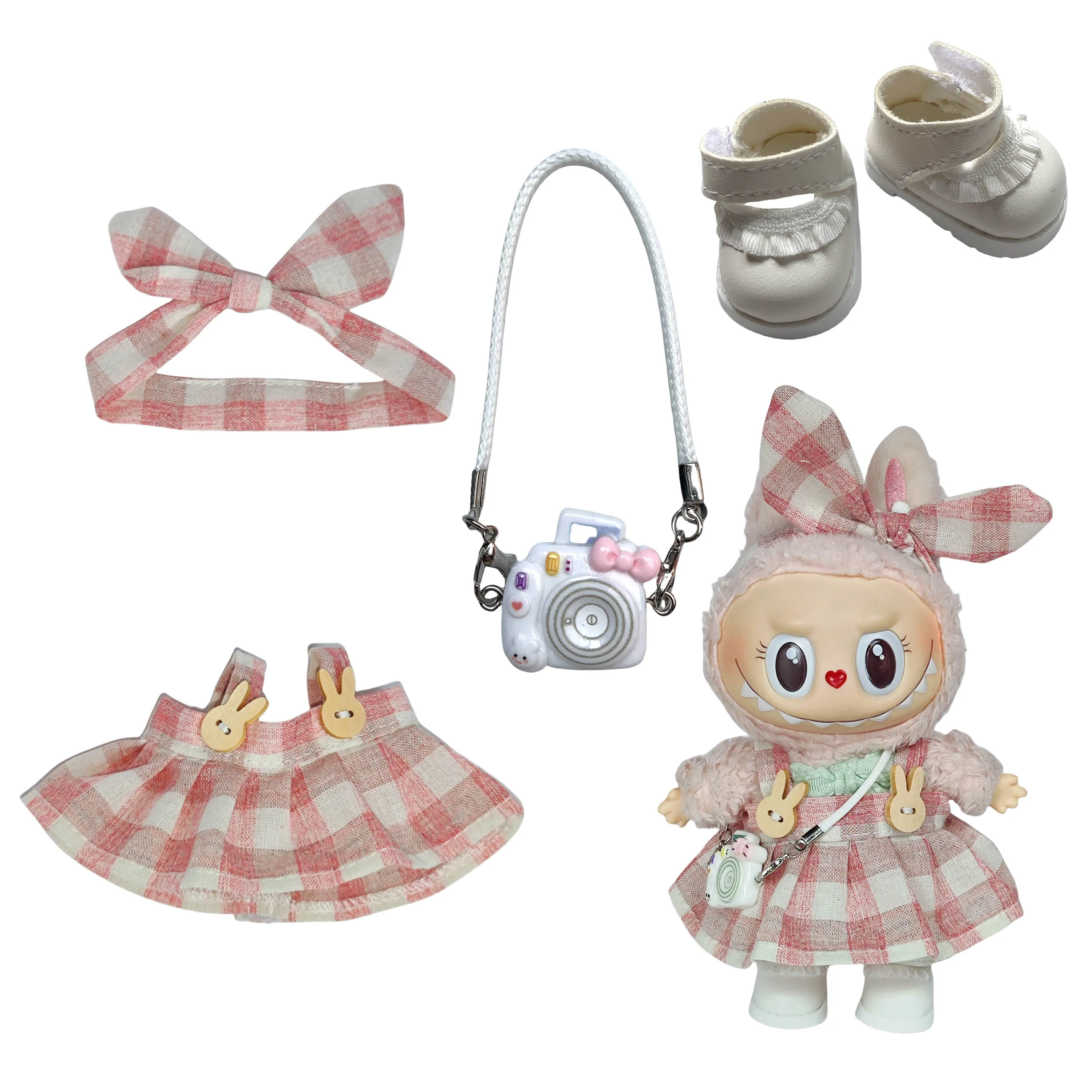 

Одежда для одежды Labubu 15-17 см, аксессуары для одежды Labubu Idol V1 V2, сидячая вечеринка, конфетная клетчатая юбка, комплект с повязкой на голову, одежда