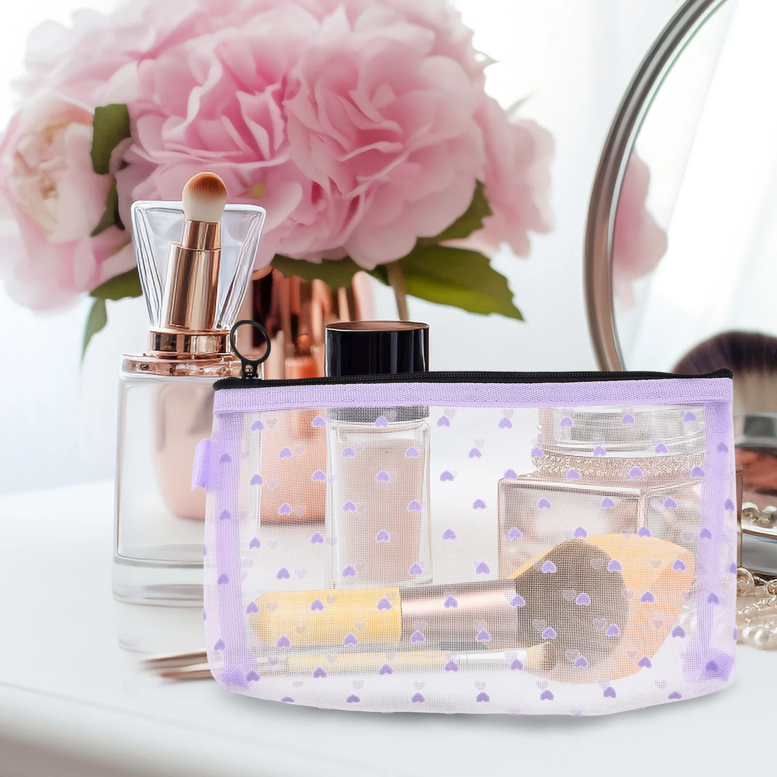 

Small Transparent Mesh Makeup Bag Cute Heart Storage Pouch Portable Travel Organizer Toiletries Bag Soft Interior Lightweight