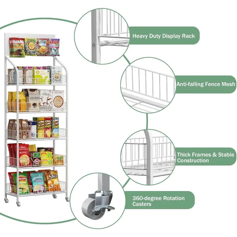 Retail Snack Display Stand, 5 Tier Snack Candy Potato Chip Display Rack Stand with Wheels & Hooks, Metal Wire Storage Sh