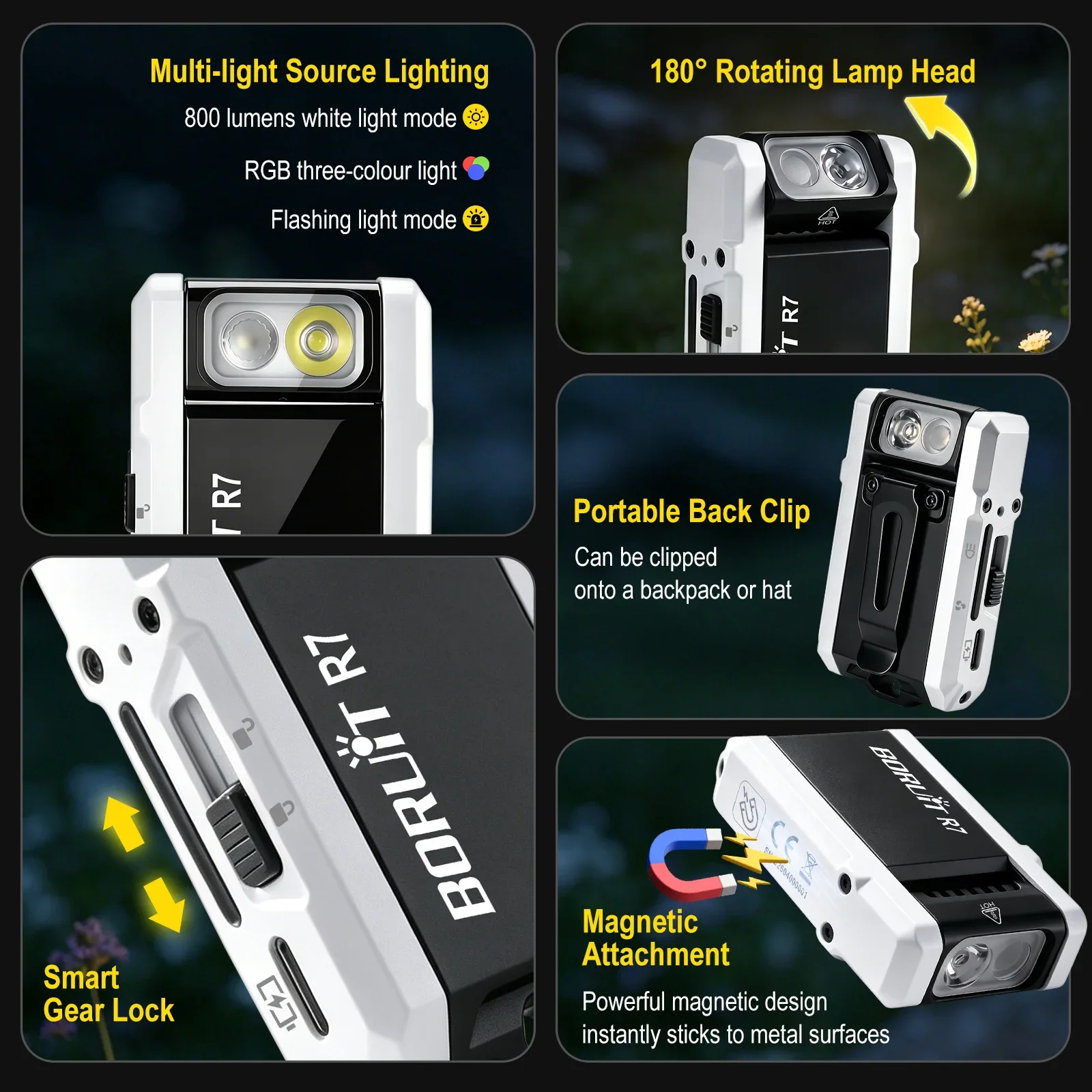 BORUiT R7 EDC Multi-Color Flashlight 800LM Type-C Rechargeable Keychain Torch Magnetic Waterfroof Camping Home Emergency Lantern