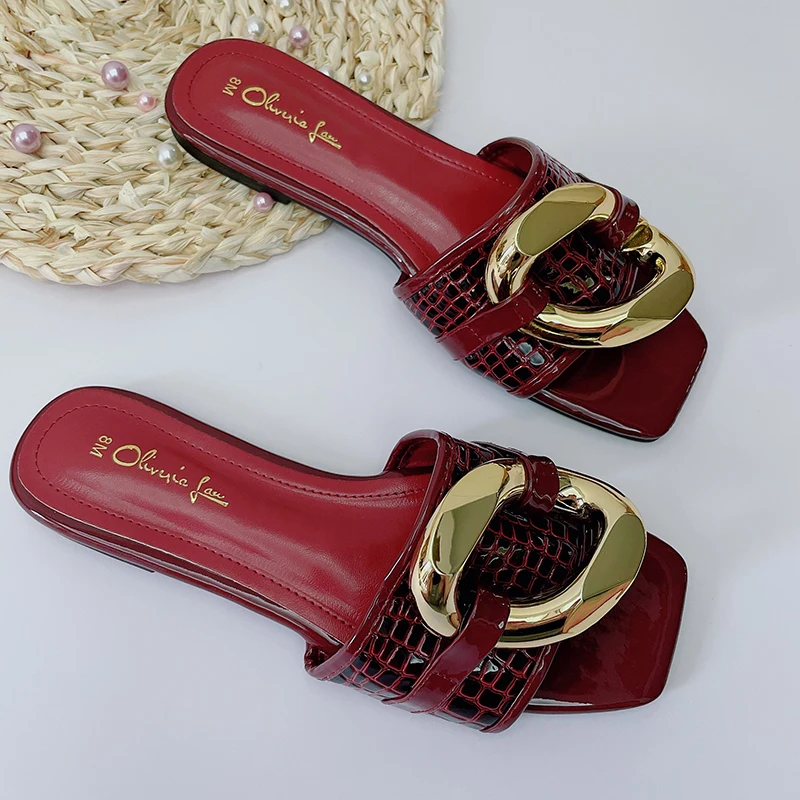 

Summer Fashion Metal Buckle Crocodile Pattern Women's Slippers Sandals Flats Casual Beach Shoes Muller Slides Square Toe Woman