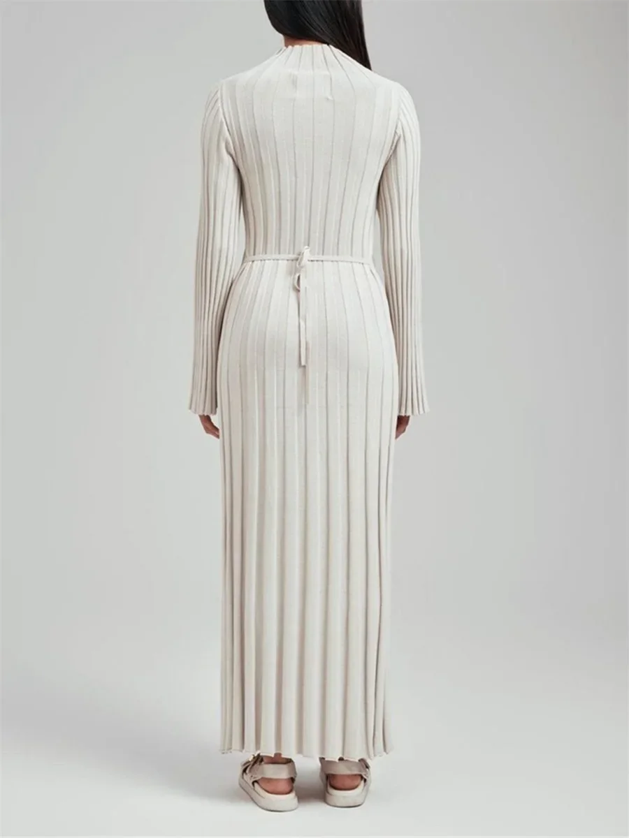 Geripptes Strickpulloverkleid für Damen mit Rollkragen, langen Ärmeln, Midikleid, lässig, Herbst-Winter-Mode, einfarbiges Kleid