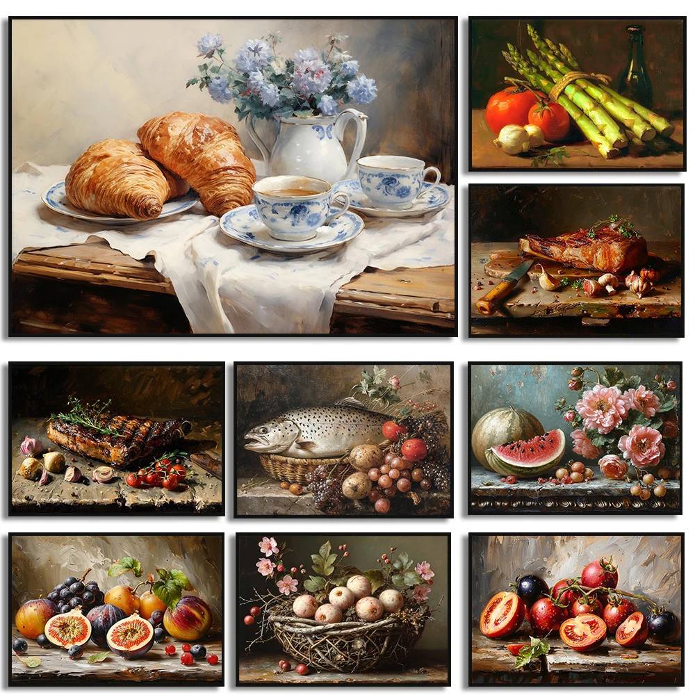 1PC  Vintage Food Still Life Fruit Steak Fish Tomato Farmhouse Posters and Prints Canvas Printing Wall Art Picture for Kitche