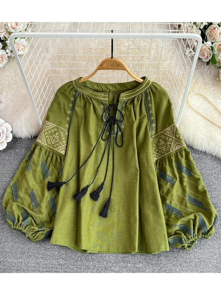 Women Spring Blouse Vintage Ethnic Style Lantern Long Sleeve V-Neck Loose Embroidery Pullover Shirt Foreigner Top D3318