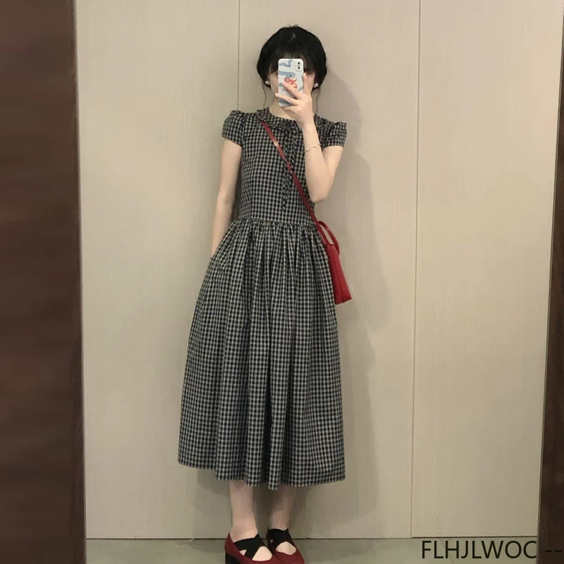 Abiti vintage carini Donna Estate Manica corta Retro Mori Ragazze Vita sottile Stile coreano Abito camicia scozzese in cotone dal design giapponese
