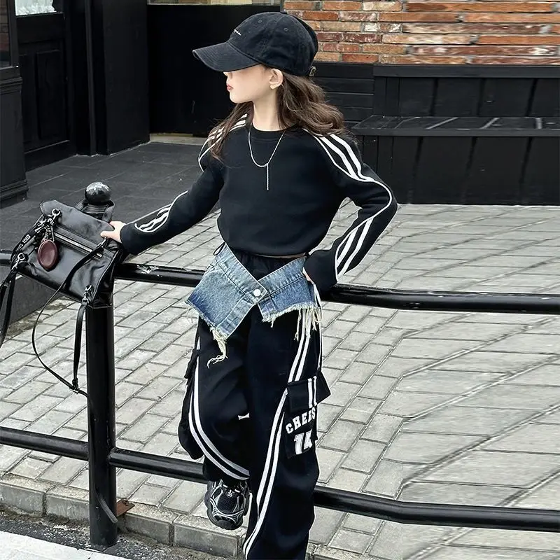 

New Spring Teen Girl Denim Drawstring Work Pants set Junior Kid Casual Floor Sports Wide Leg Trousers Short Hoodie 5-14Years