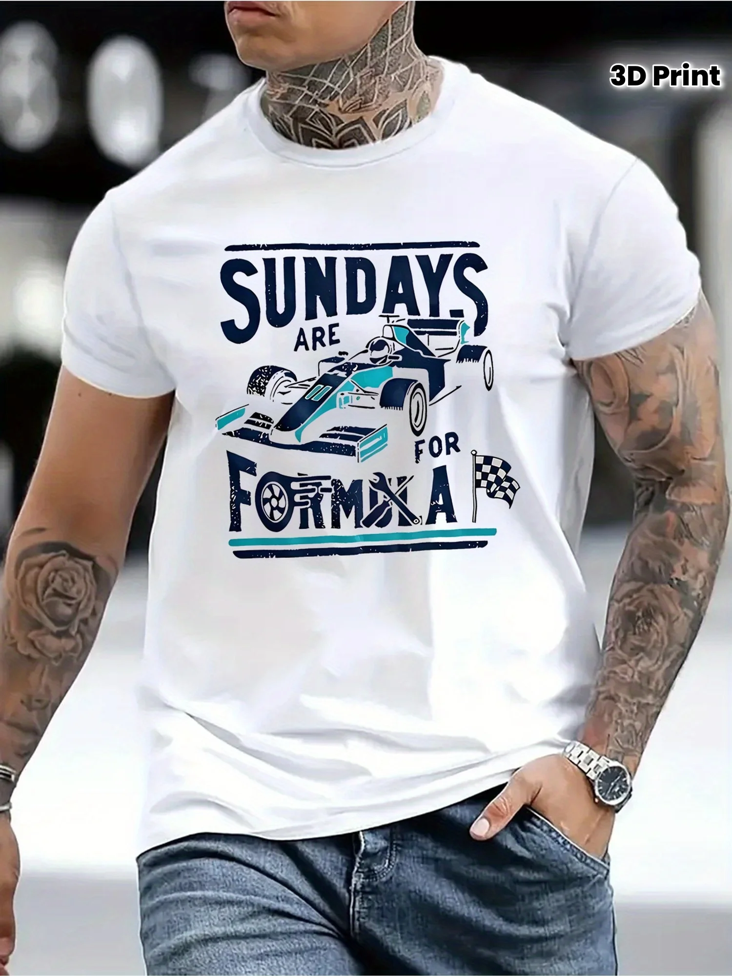 

Men's Retro Racing Graphic T-Shirt "Sundays Are for Formula" Design, Crew Neck, 3D Print, Beige Summer Tee for Casual Wear
