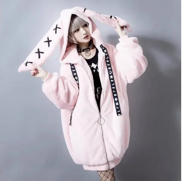 Dophee Japanese Cute Plush Coat Women Autumn Winter Rabbit Ears Hooded Overcoat Mid-long Lolita School Girls Warm Fur Jackets