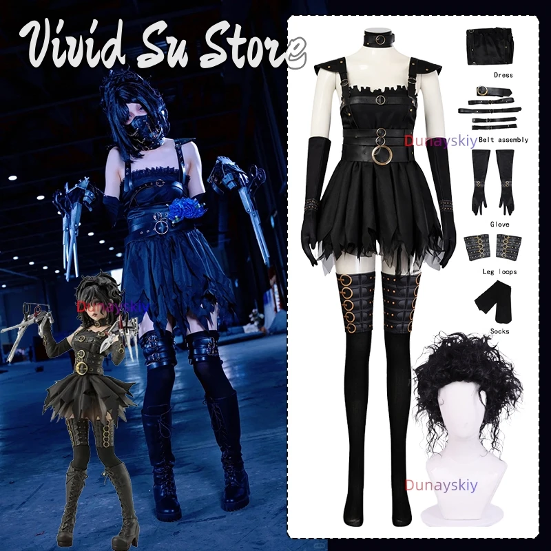 Movie Edward Female Cosplay Costume Goth Lolita Dress Black Woman costume Wig Set Anime Halloween Party Suit Role-playing XS-3XL