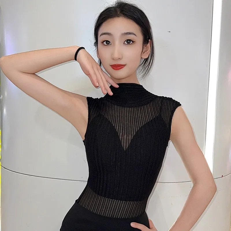 

Summer Sleeveless Dance Leotard with Mock Neck and Sexy Open Back Breathable Material Perfect for Latin Modern Ballroom Training