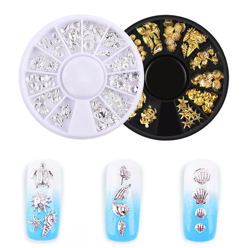 

1 Box Gold Ocean Theme Metal Studs Sea Starfish Shell Turtle Slice Flakes 3d Nail Art Decoration In Wheel DIY UV Manicure Tools
