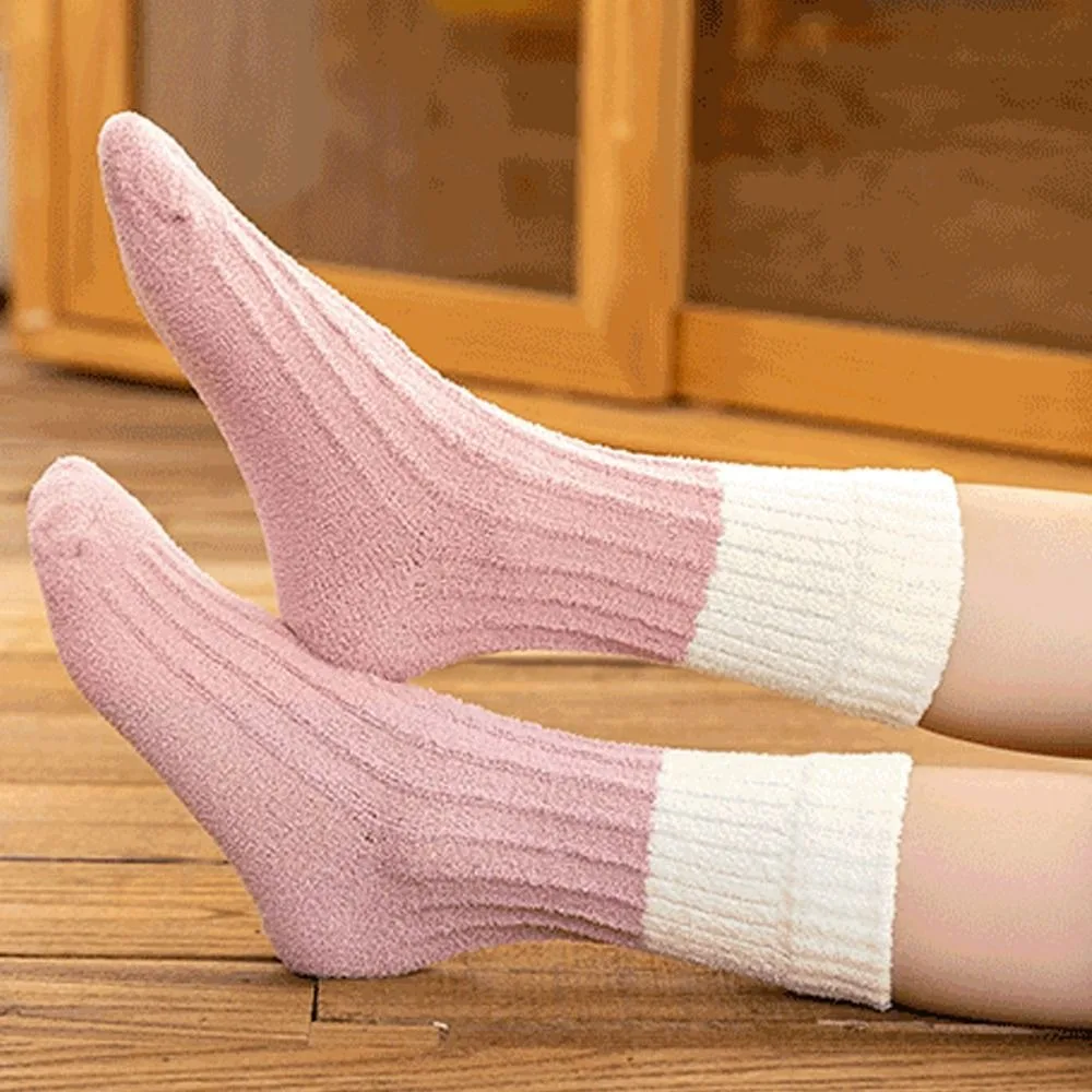 Simple Warm Children Home Sleeping Socks Coral Fleece Gifts Patchwork Color Floor Socks Striped Socks Mid Tube Socks Kids Socks