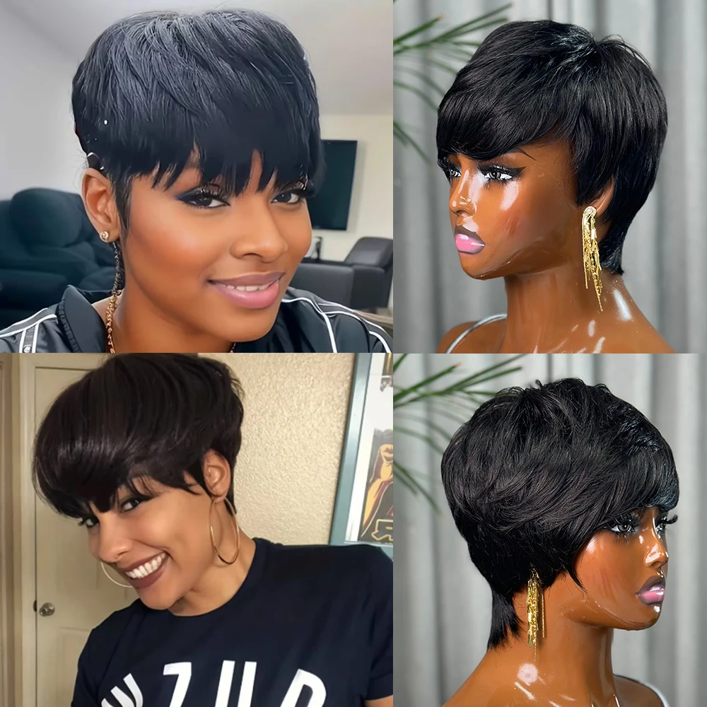 

Women's Brazilian Virgin Remy Human Hair Wig - 100% Real Human Hair Pixie Cut with Bangs, Glueless Rose Net Cap, Looking Short H