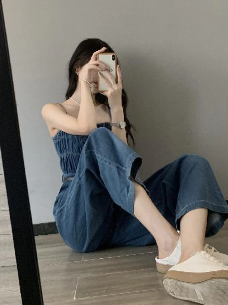 Jumpsuits Women Wide Leg Trousers Folds Sleeveless Summer New High Waist Design BF Denim Clothing Sweet Harajuku Simple Vintage