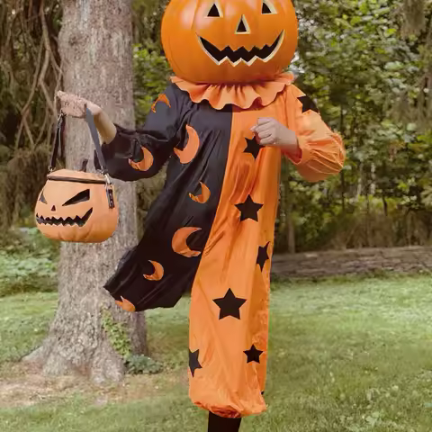 Halloween Print Women's Pumpkin Jumpsuit Patchwork Loose Long Sleeve Funny Cute Costumes