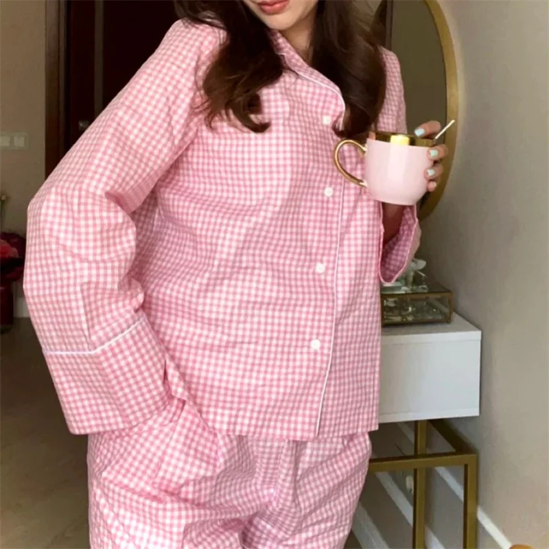 Korean Vintage Plaid Pajamas Sets Women Long Sleeve Shirts Pyjamas Autumn Sweet Pink Gingham Loungewear Sleepwear