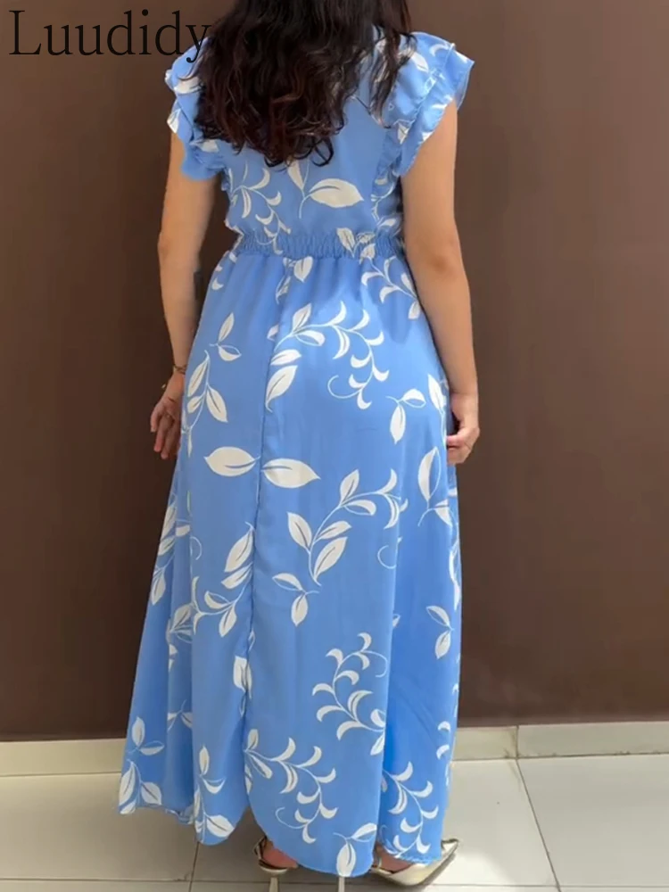 Vestido maxi com estampa floral, gravata, ombro, babados, casual, botão na cintura, franzido, linha A