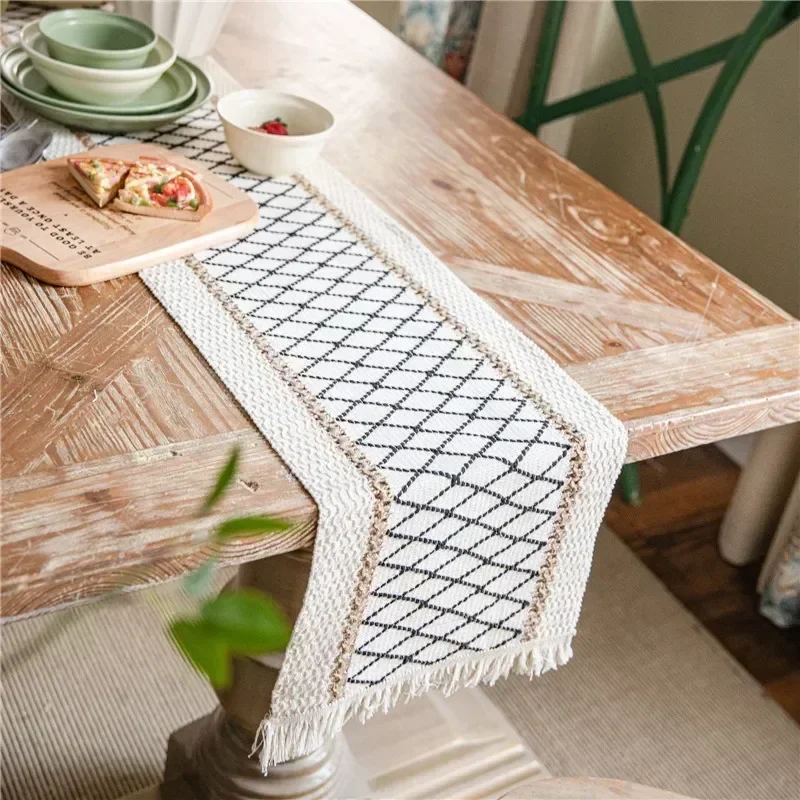 Cotton Linen Autumn Table Runners, Tassel Runner for Dining Table, Striped Splicing Modern Elegant New Year 2024 Table Track