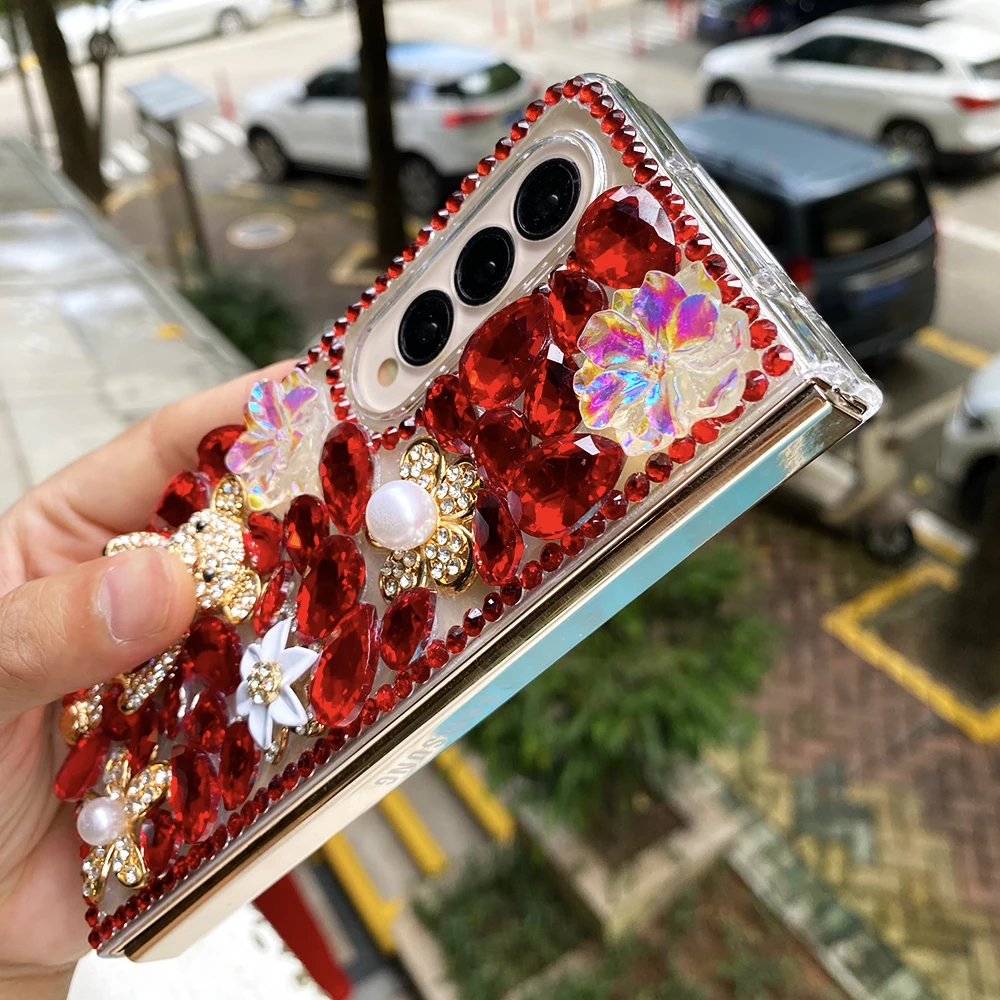 Luxury Rhinestone Cute Bear Phone Case For Samsung Galaxy Z Fold 7 6 5 4 3 2 Diamond Laser Flowers Red Water Drop Crystal Cover