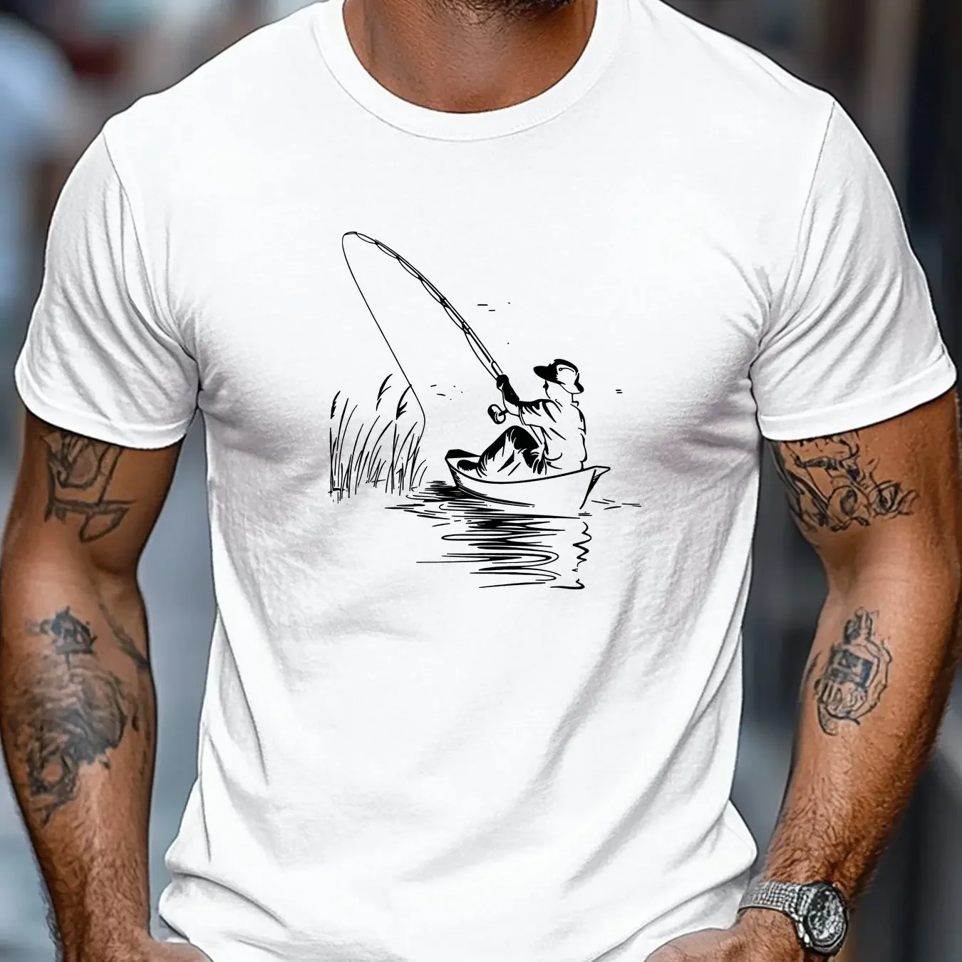 Men's short-sleeved T-shirt with a boat and fishing pattern made of 100% cotton with a crew neck design