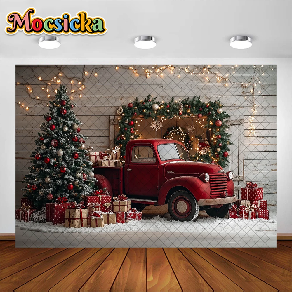 Fondo de fotografía de camión rojo de Navidad, regalos de árbol de Navidad, tablero de madera, decoración de pared, retrato familiar, accesorios de estudio fotográfico