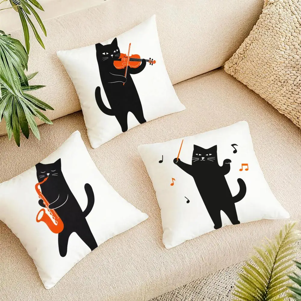 Musical Black Cats Cushion Cover Summer Coolness Linen Organic Fabric Sofa Pillow Case Double-Sided Printing Home Decor