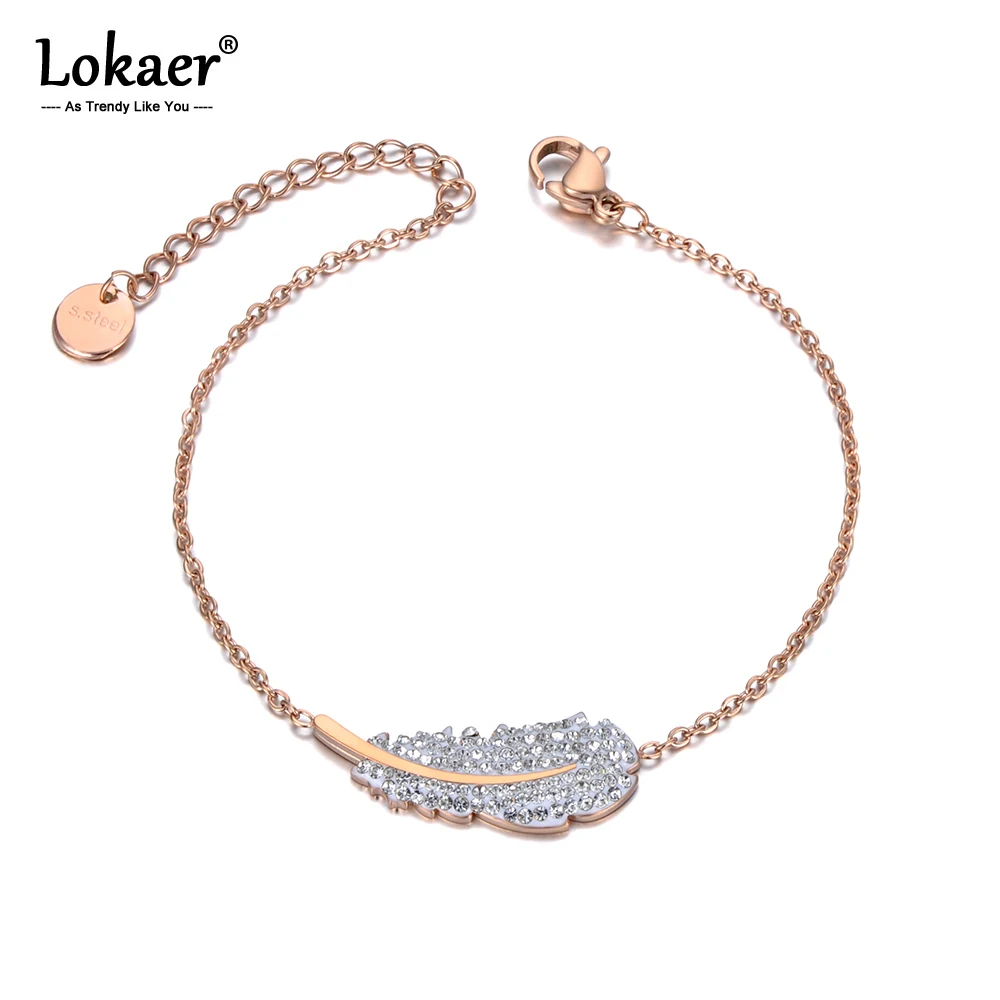 Lokaer Trendy CZ Kristall Feder Charm Armbänder Für Frauen Mädchen Edelstahl Link & Kette Armband Für Geburtstag Geschenk B20016