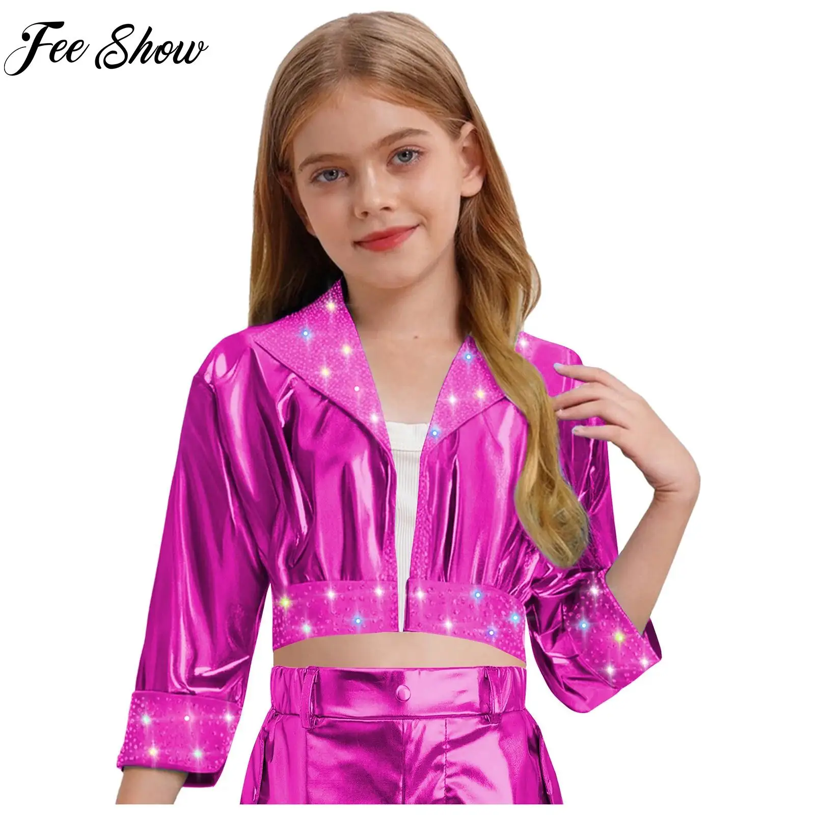 

Kid Girl Long Sleeve Jazz Dance Top Outerwear Rhinestones Metallic Jacket Hip Hop Street Dancewear Stage Performance Clothes