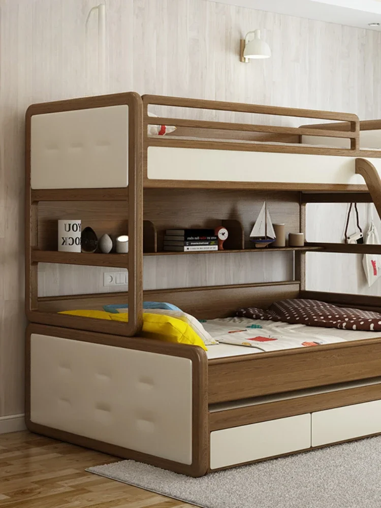 

Usheng Nordic High Low Double Bed Adult and Children's Bed Solid Wood Top and Bottom Beds White Wax Wood Triple Bed