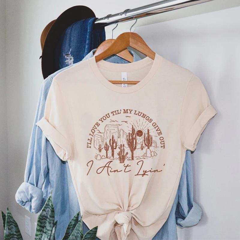 Mountain Cactus Print Retro Western T-Shirt Cowgirl Cute Country Music T Shirt Short Sleeve Loose Vintage Graphic Tees Women Top