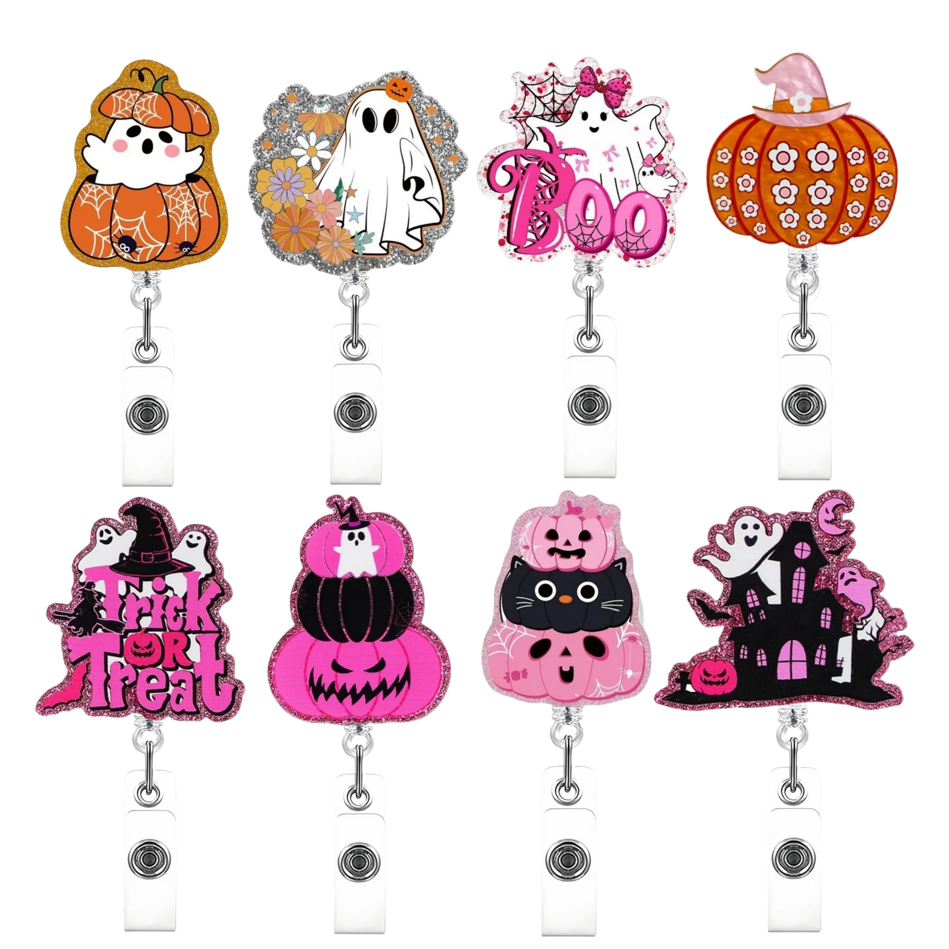 2026 New Design 1 Piece Funny Shiny Acrylic Anime Halloween Pumpkin Boo Retractable Badge Reel Name Tag ID Card Holder Lanyard