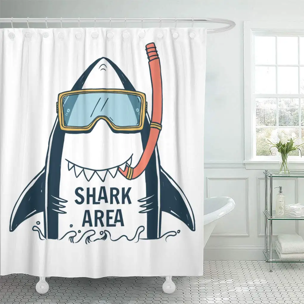 Shower Curtain Set with Hooks Polyester Fabric Blue Graphic Shark Typo and Summer Boy Kid Cute Tee Waterproof for Bathroom Decor